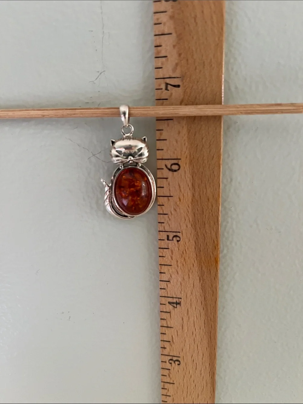 Sterling Silver Cat Pendant with Amber Stone - Brown